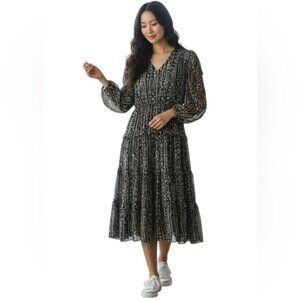 Current Air Anthropologie Gray and Black Patterned Tiered Midi Dress Size Large